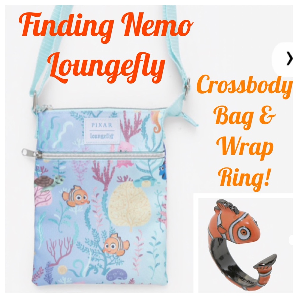 LOUNGEFLY DISNEY PIXAR Finding Nemo CROSSBODY BAG & NEMO WRAP RING! Cute Animals